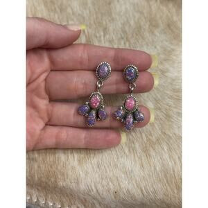 Native American Sterling Silver Pink Purple Fire Opal Cluster Post Back Earrings